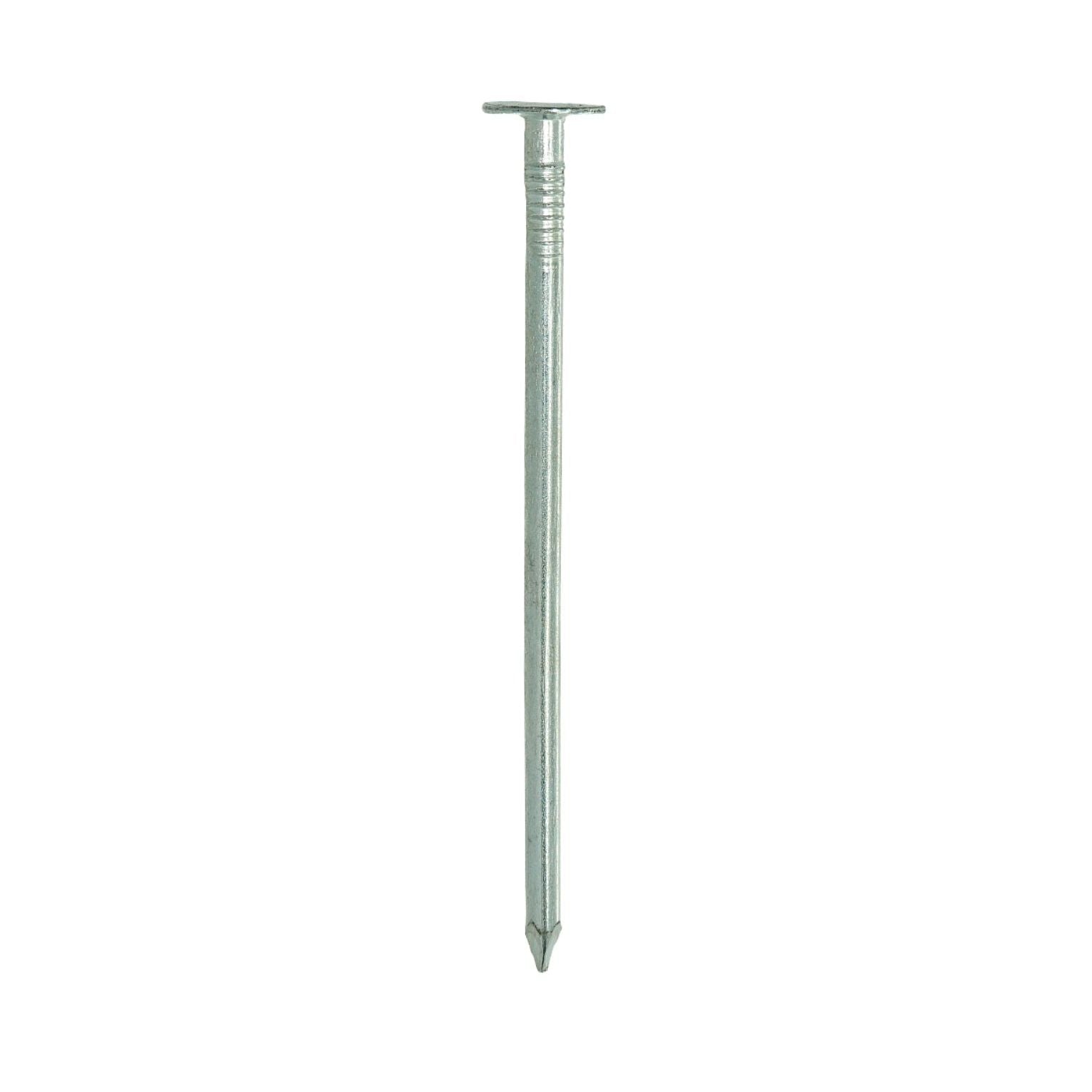 A #11 x 3 in. Grip-Rite Electrogalvanized Roofing Nail from the GRIP-RITE 3EGRFG1 pack (89 pieces per lb.), adhering to ASTM F1667 standards, stands vertically against a white background, highlighting its electrogalvanized finish.